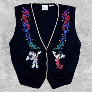Vtg 90s Disney Store Mickey Minnie New Years Sweater Vest Black Gold Trim